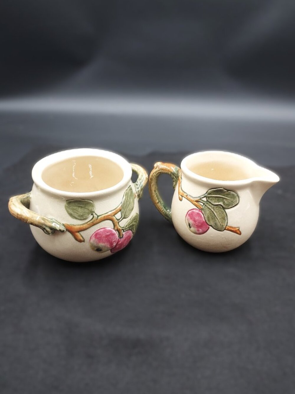 Antique Weller Ware Pottery Zona Apple Patterned Creamer and Open Sugar Bowl Set
